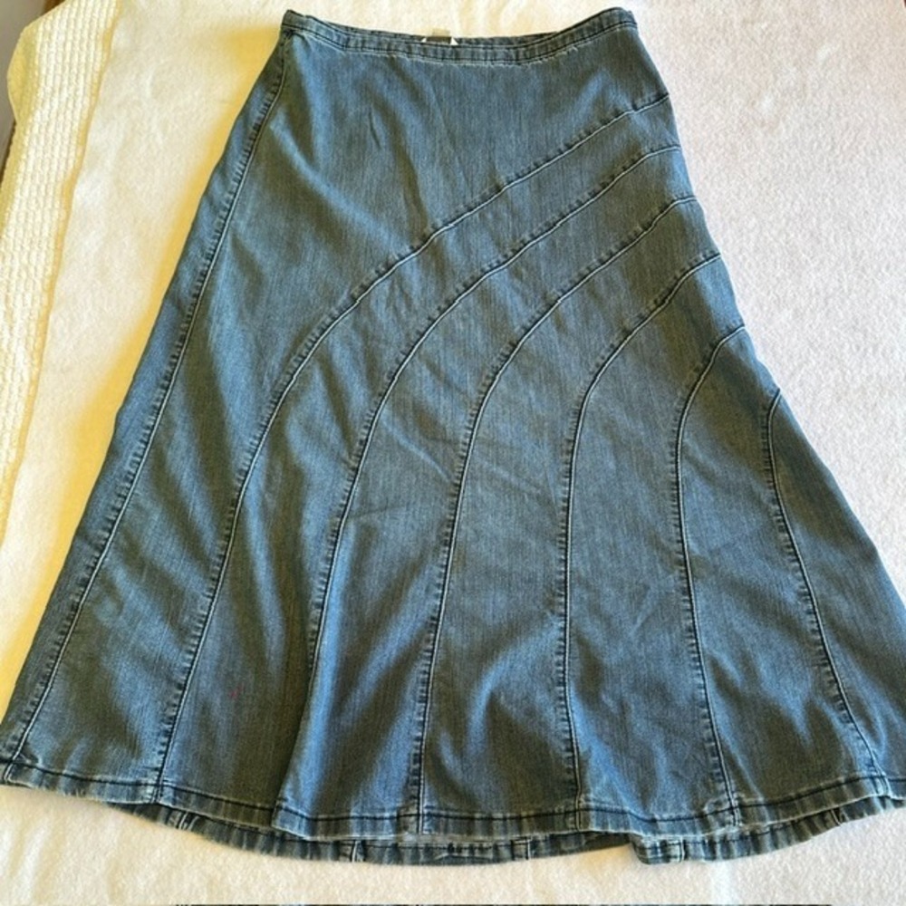 VTG Christopher Banks Denim Godet Flare Skirt Size 12 A Line Midi Casual Boho
